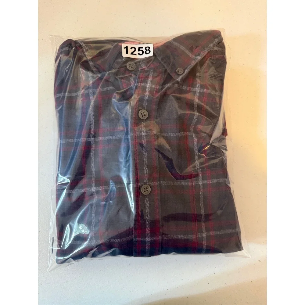 Banana Republic Button Down Shirt Mens L Gray Red Plaid Untucked Fit Jaspe LS